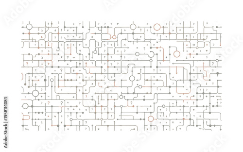 complex life choices labyrinth lines arrows question marks and directional symbols arranged as decorative motifs, flat vector rounded geometry, rich clean