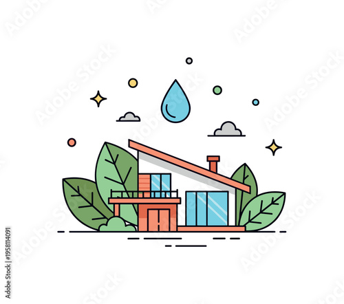 Eco spa retreat hidden in nature with a calm modern villa surrounded by leaves and a small water drop icon symbolizing wellness and sustainability. The