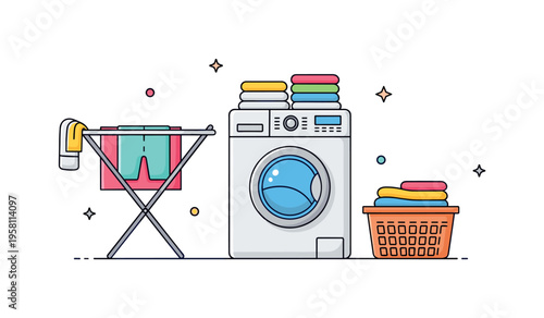 Small apartment laundry setup a compact washing machine with a folding drying rack and a basket of fresh clothes arranged neatly to show efficient laundry