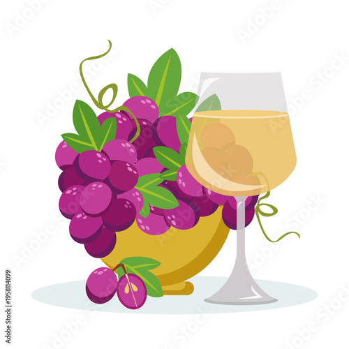 Grapes with wine glass, purple bunches, green leaves and sliced berries, on light background. For winery labels, menus, packaging, bar design.