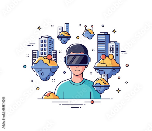 Immersive digital world a person wearing virtual reality goggles surrounded by floating buildings and abstract terrain illustrating the experience of entering