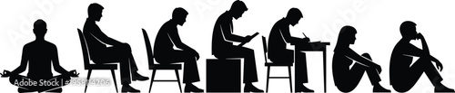 People sitting silhouettes set, human postures showing meditation thinking working and sadness, lifestyle behavior illustration isolated on white background