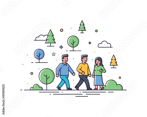 Relaxed weekend walk in green space illustrated with smiling figures strolling side by side under minimal tree icons and subtle cloud accents. The composition
