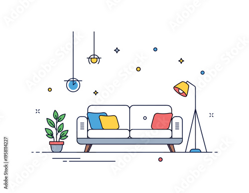 Minimal living room sofa a clean modern couch with two cushions and a small plant beside it creating a balanced and calm interior moment. Minimalist flat