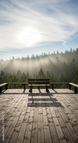 Serene wooden deck with empty bench overlooking misty forest sunrise with sunbeams breaking through the fog creating a tranquil and peaceful atmosphere