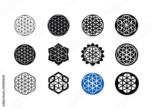 flower of life. Icon set. Set Logo of flower of life: classic flower of life geometry. harmonious logo variations of the same emblematic concept, each with