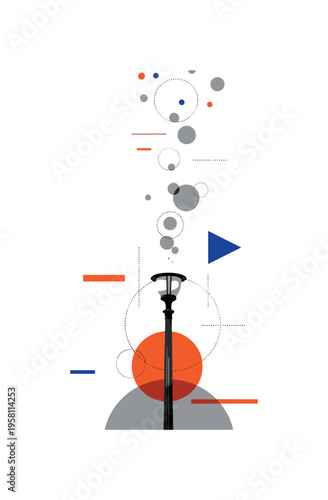 black-and-white tall street lamp post with a round lantern head, geometric circles and dotted lines floating upward like light particles, orange and deep blue