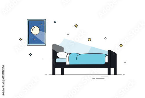 Moonlight and bed silhouette simple bedroom composition where a bright moon shines through a window casting a soft beam across the bed frame and blanket. The