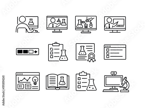Remote laboratory learning. Line icon set of remote laboratory learning: student at computer, virtual lab lesson, guided experiment, instructor screen,