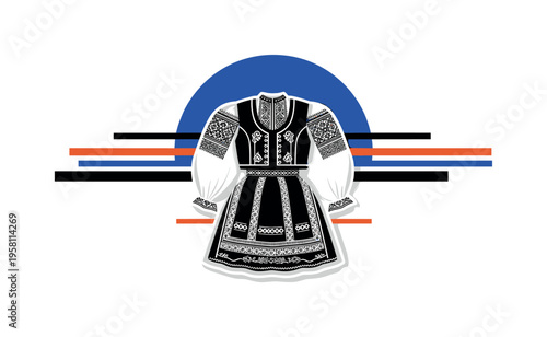 A monochrome traditional folk costume with embroidered patterns translated into sharp geometric shapes and repeating rectangles, large flat semicircle framing