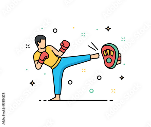 Martial arts training concept showing a practitioner executing a front kick toward a small target pad icon, symbolizing practice and skill development. The