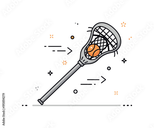 Lacrosse stick and ball close view of a curved lacrosse stick with net pocket holding a small ball while simple motion arrows suggest an upcoming pass. The