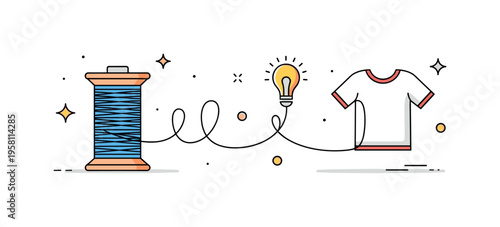 Clothing production workflow thread spool transforming into a flowing line that shapes a simple T shirt icon. A dynamic editorial scene about turning ideas