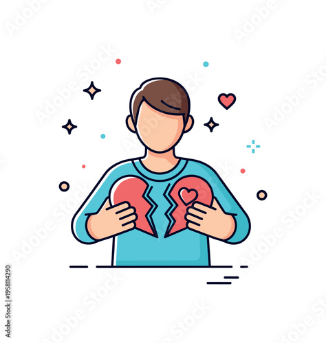 Emotional healing journey figure carefully holding two pieces of a broken heart while soft sparkles hint at recovery and hope. Symbolic illustration of