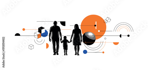 family walking together holding hands, black and white cut-out silhouettes with white outline effect, large orange circle sun behind the figures,