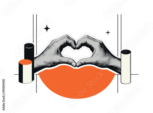 Vintage black and white side view of hands creating a heart gesture, large orange semicircle intersecting the lower part of the composition, thin vertical