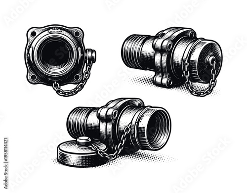 Fire hydrant side outlet A realistic fire hydrant side outlet nozzle with threaded opening and cap, shown in three views including front-facing, side profile,