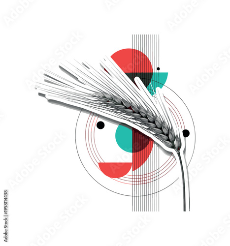 monochrome barley spikelet with detailed grain clusters on a slender stem, white contour cut-out outline around the plant, layered geometric circles and