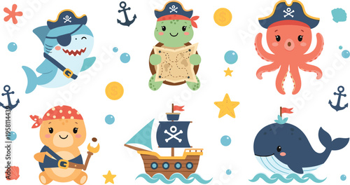Cute pirate sea animals set with shark, octopus, turtle and whale, cartoon ocean characters with ship and treasure vector illustration collection