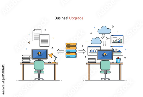 Business digital upgrade office workstation transforming from paper documents into cloud storage and data dashboards. Clear visual story of companies moving