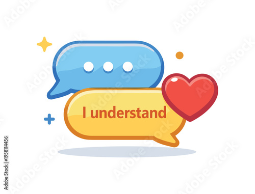 Customer support agent chat bubble expressing empathy and care, visualized by soft rounded message bubbles paired with a heart icon suggesting understanding