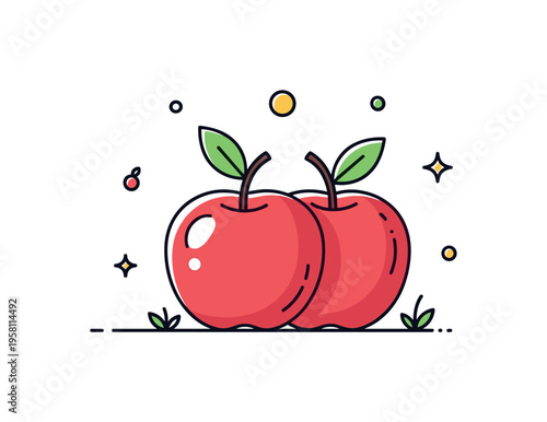 Apple orchard freshness showing a pair of shiny apples with tiny leaf accents and soft decorative dots suggesting sunshine and growth. The balanced editorial