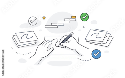 Mastering a craft. Hands practicing the same motion repeatedly, subtle checkmarks and progress lines floating around. A calm and motivating moment focused on