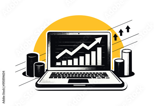 Vintage black and white close-up of a laptop screen with upward trending line chart and bar graph, large yellow semicircle anchoring the composition, thin
