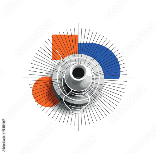 black and white top view of a pottery wheel with a forming ceramic vase at the center, white outline cut-out effect, strong concentric circle