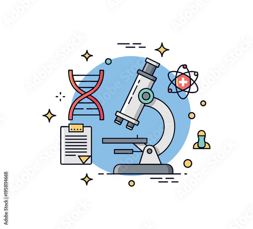 Medical research concept built around a microscope with a subtle DNA helix accent, representing scientific discovery and innovation in healthcare.