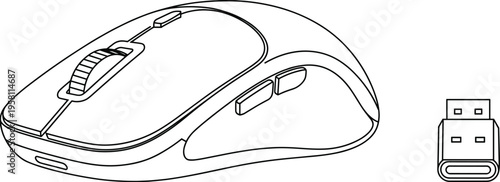 Wireless computer mouse drawing, USB receiver illustration, ergonomic gadget design, modern technology accessory, digital device silhouette, computer hardware graphic element