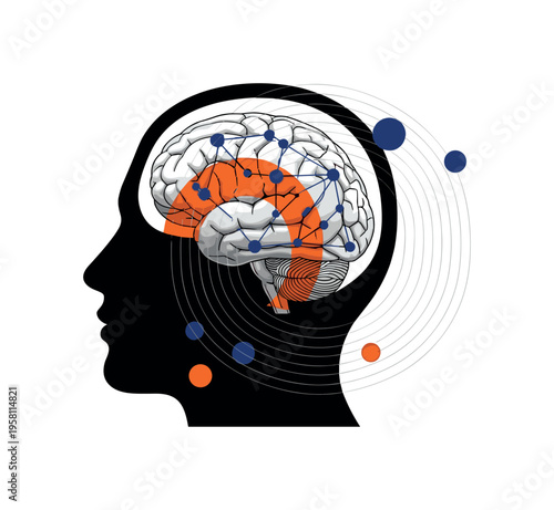 black-and-white human brain inside a head silhouette with geometric nodes connected inside it, abstract arcs and circles representing deep reflection and