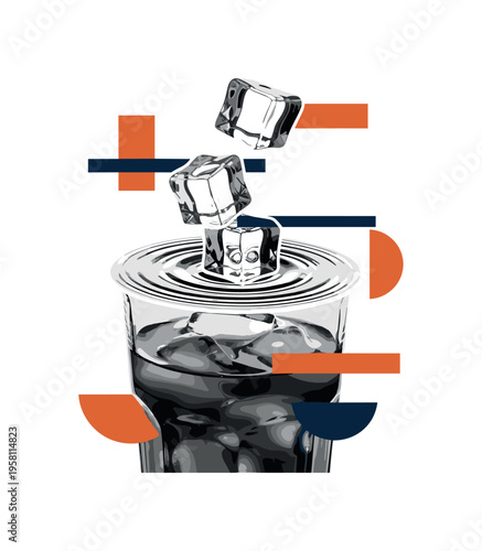 black and white close-up of ice cubes falling into a glass of iced tea, cut-out collage object with white outline, concentric circular ripples and geometric