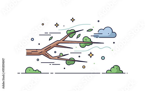 Storm breeze effect on tree limbs illustrated with slightly exaggerated bend in branches and scattered tiny debris shapes. The compact scene highlights energy,