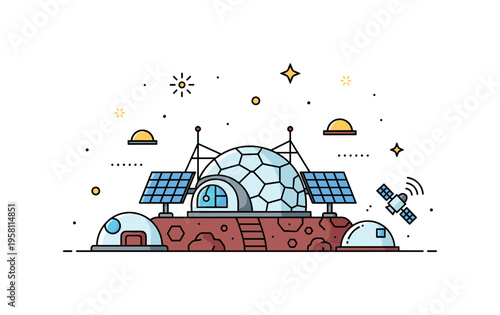 Martian habitat dome with solar panels and antennas on a rocky surface representing future colonization, sustainability, and space innovation. Decorative spark