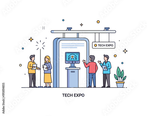 Technology exhibition showcase modern booth displaying a device on a pedestal while visitors observe and discuss the innovation. A tiny label Tech Expo adds a