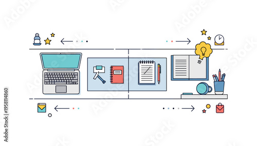 Efficient workspace layout a neat desk setup divided into sections for laptop work, note taking and creative thinking with small arrows and icons guiding a