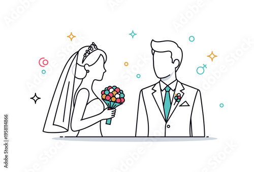 Elegant bridal couple portrait silhouette featuring gentle bouquet detail in the bride?s hand and clean suit outline on the groom. The composition highlights