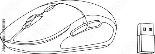 Wireless computer mouse with USB receiver line art vector illustration, modern technology gadget accessory for laptop and desktop