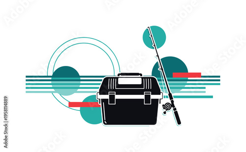black and white fishing tackle box with rod leaning beside it at the lakeside, white cut-out outline around objects, abstract circles and horizontal bars