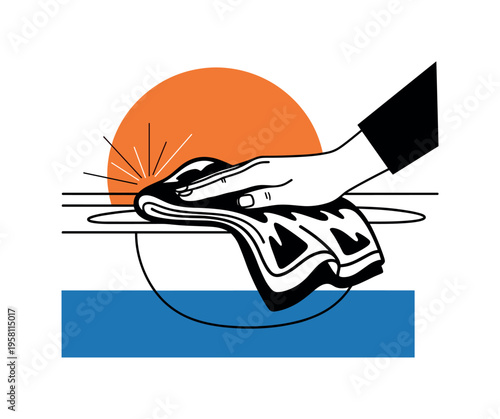 Black and white cloth pressed firmly against curved sink edge, large orange circle behind hand symbolizing warmth and hygiene, blue rectangular block grounding