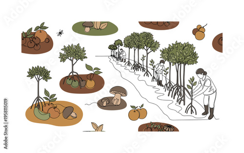 survival food search in nature seamless pattern, wildlife looking for fruits seeds mushrooms and insects on the forest floor arranged in a repeating pattern,
