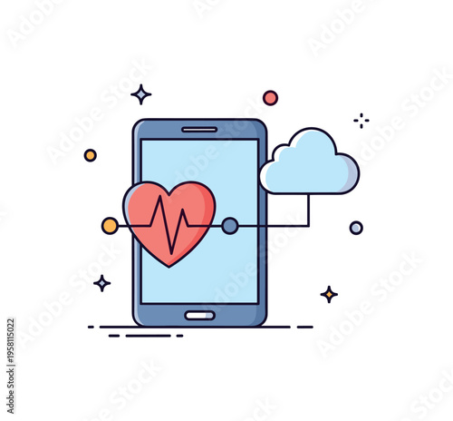 Digital health technology theme showing a smartphone screen with a heart rate line connected to a small cloud symbol, symbolizing smart monitoring