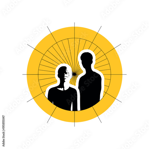 Monochrome composition of two figures centered inside a large yellow circular frame with thin structured grid lines suggesting balance and shared resilience,