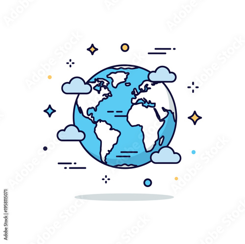 Planet Earth perspective showing a clean globe with tiny clouds and stars floating around it. The scene symbolizes curiosity, exploration and appreciation of