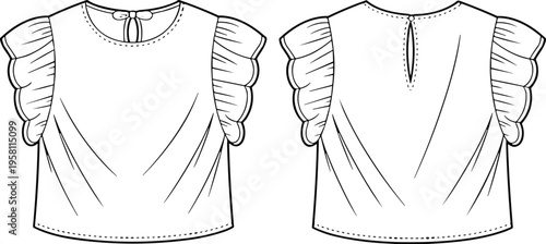 Women blouse front and back view, ruffle sleeve top outline illustration, fashion apparel design template, clothing garment technical drawing style
