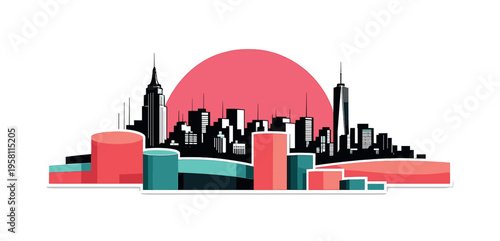 Black and white panoramic skyline cropped at mid-height, bold oversized pink circular halo partially hidden behind buildings, abstract cylindrical