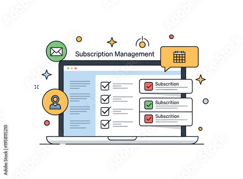 Online subscription management laptop displaying a dashboard with check marks and subscription icons suggesting easy control of active services and billing