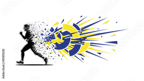 Black and white running figure dissolving into an explosive energy burst of abstract geometric fragments, dynamic semicircles and sharp linear rays in bright