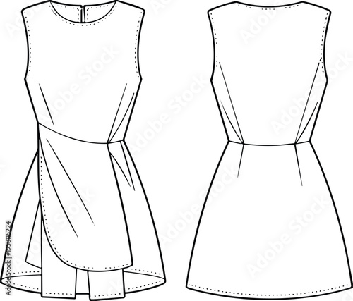 Women sleeveless dress front and back view, fashion garment outline illustration, elegant clothing design template, apparel technical drawing style